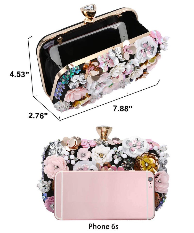 Selighting Colorful Floral Clutch Evening Bags for Women Formal Beaded Wedding Purse Prom Cocktail Party Handbags Black - Image 4